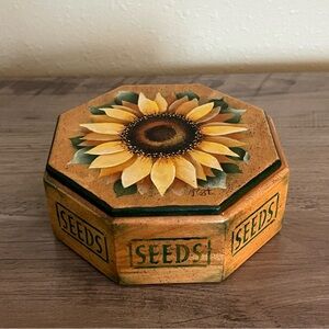 Vintage Sunflower Hand Painted Wood Trinket Box Signed 90s Removable Lid Floral